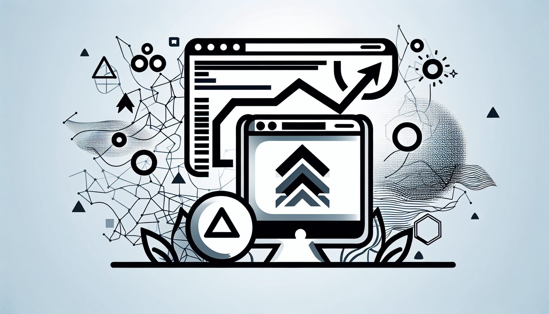 Minimalist illustration of a scalable web app ecosystem with React and Node.js logos and growth symbols.