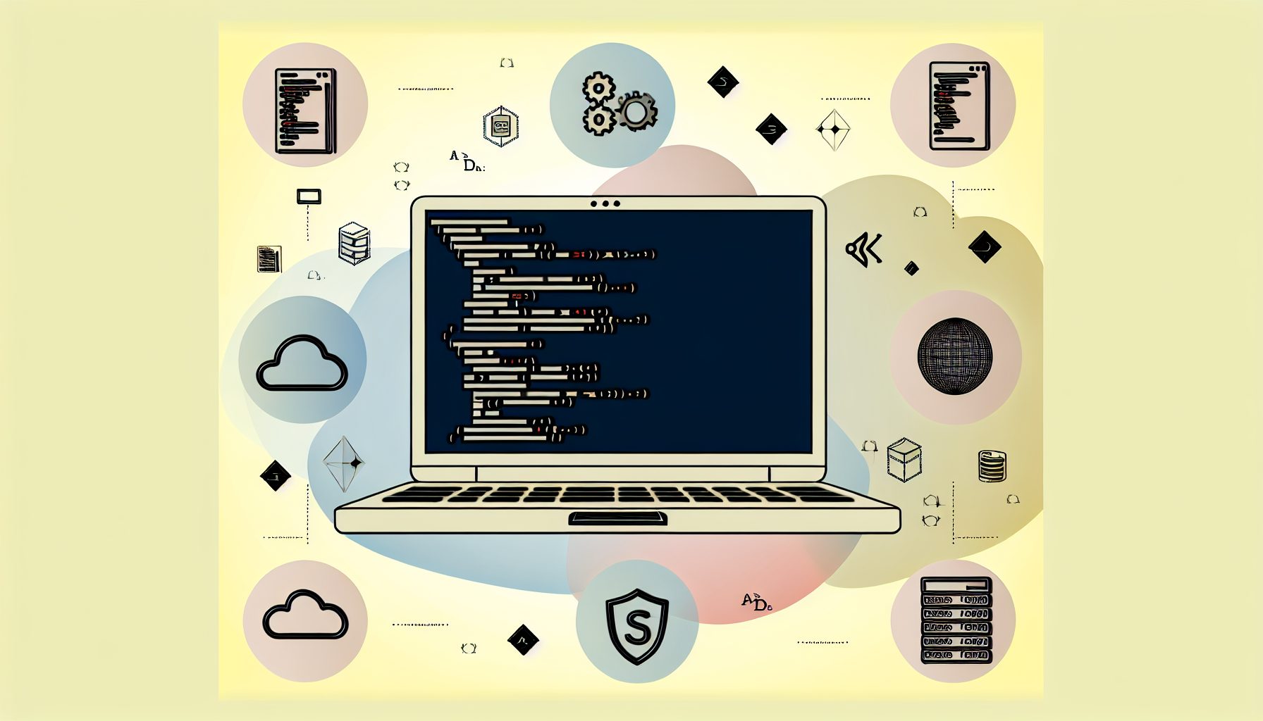 Minimalist vector of a developer's workspace with coding, Node.js, and cloud technology icons.