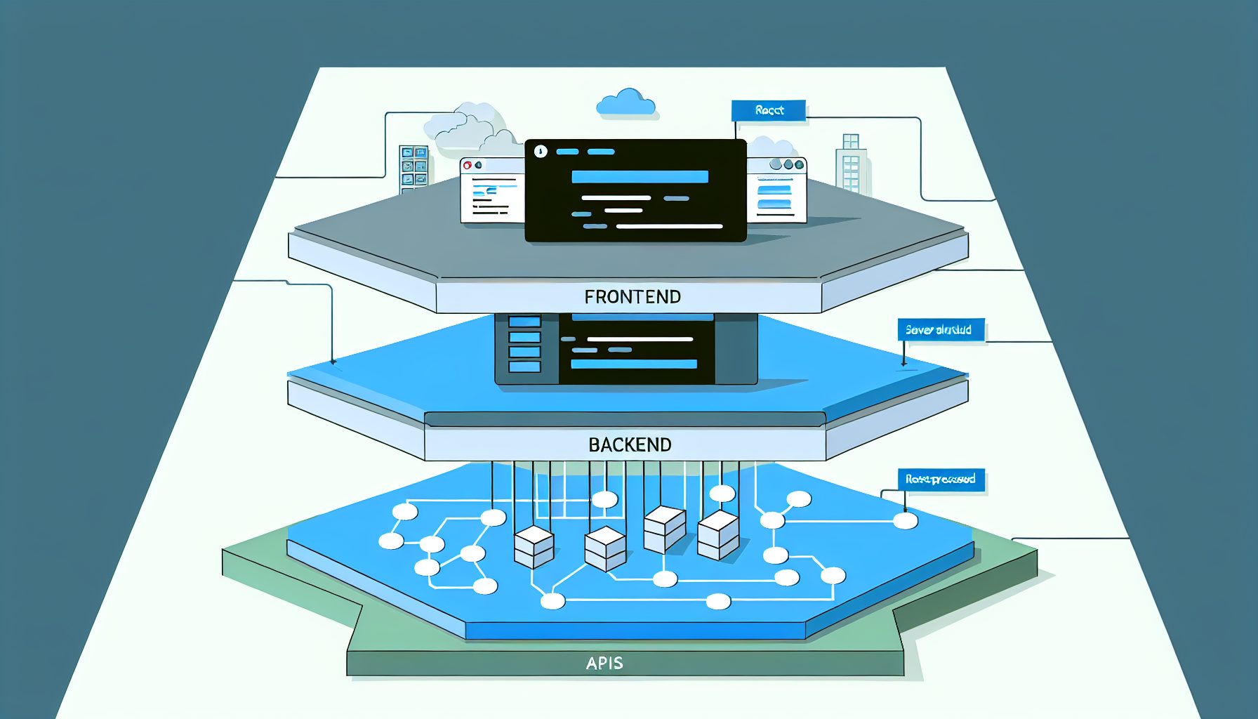 Minimalist vector illustration of full-stack web app architecture: React frontend, Node.js backend, RESTful APIs.