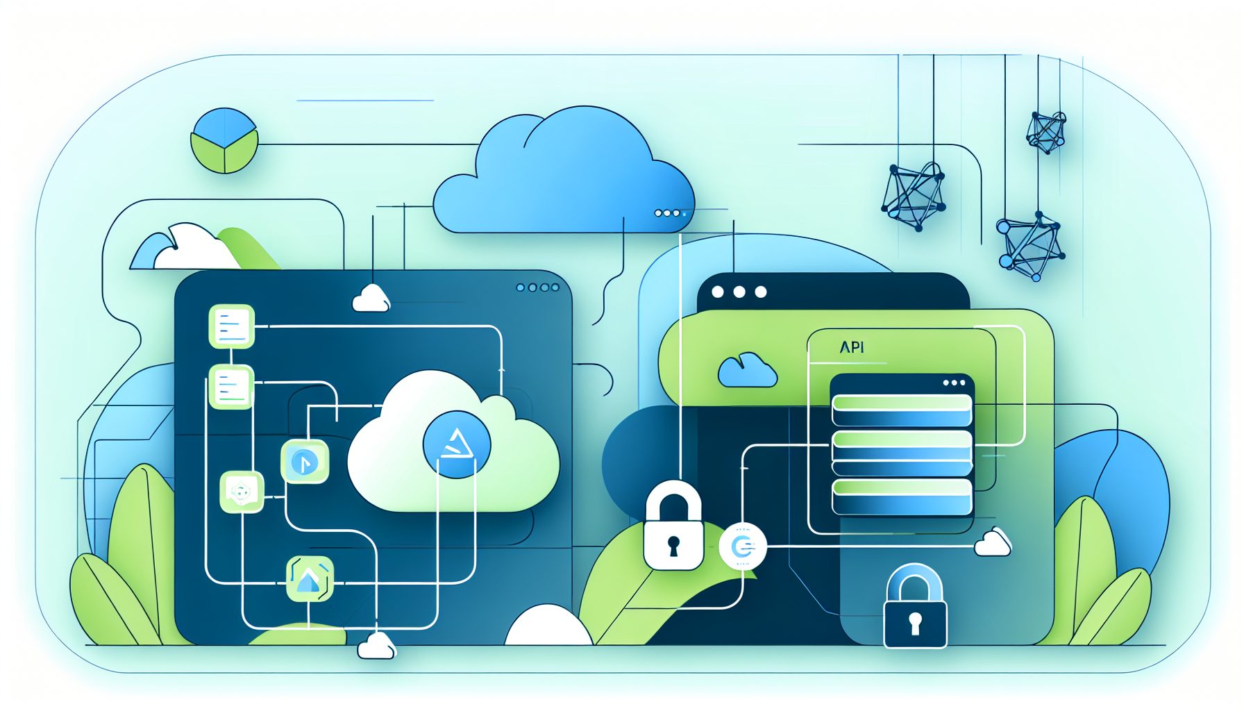 Minimalist illustration of a scalable SaaS API framework with Node.js and React components.