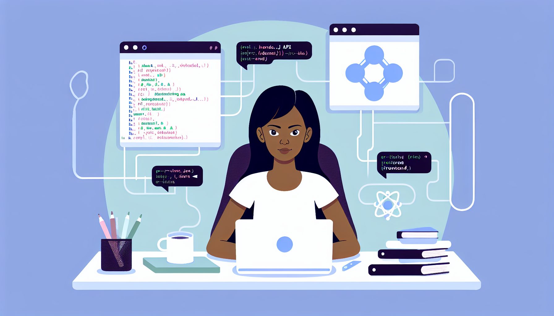 A developer at a desk visualizing a Node.js API and React frontend in a minimalist workspace.