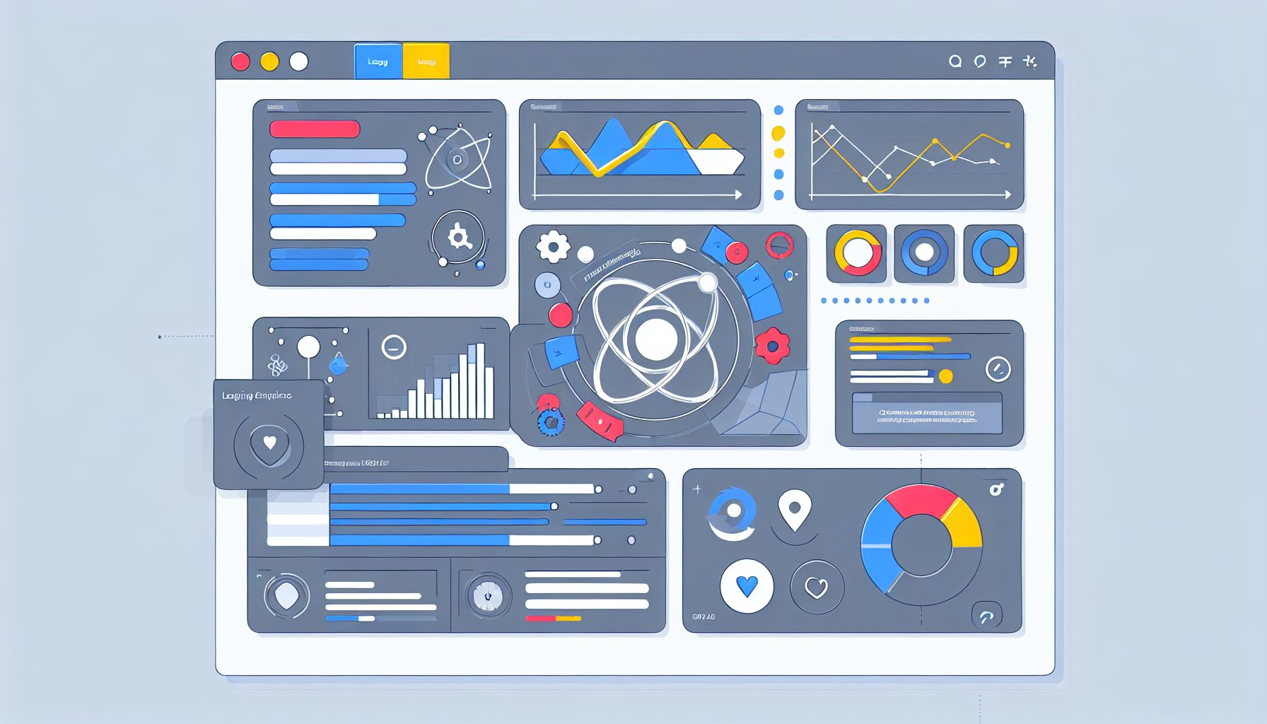 Minimalist vector illustration of a SaaS admin dashboard with graphs, charts, and data tools.
