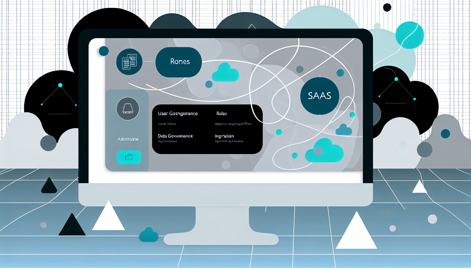 Minimalist SaaS admin panel interface on a sleek screen, surrounded by abstract data flow shapes.