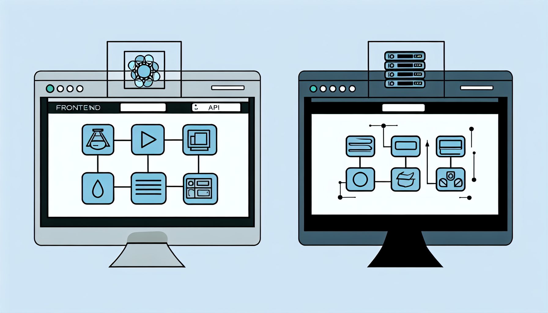 Minimalist vector illustration of a full-stack web app with frontend and backend elements.