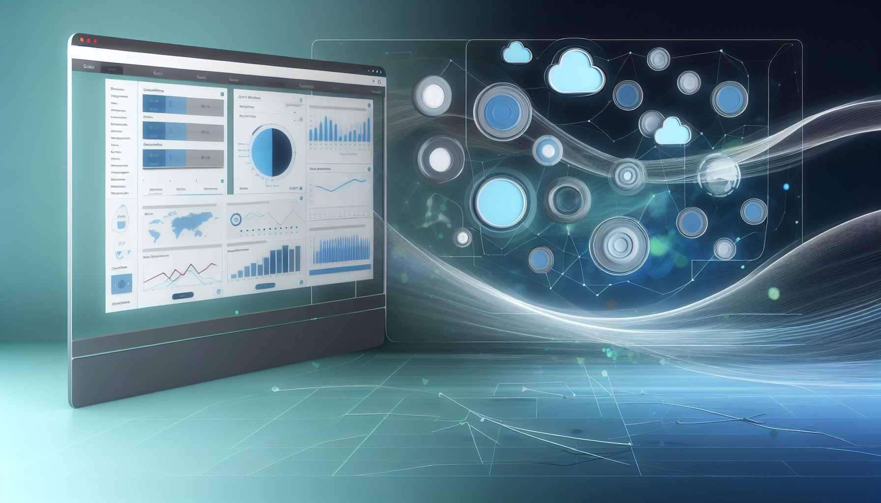 Minimalist SaaS dashboard interface with data analytics and interactive visualizations on a computer screen.