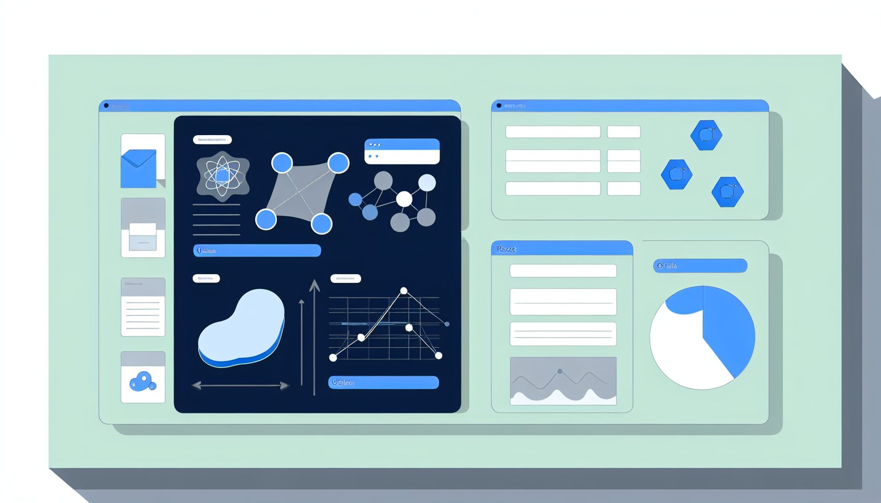 Modern SaaS admin dashboard with graphs, data tables, and React/Node.js logo elements.