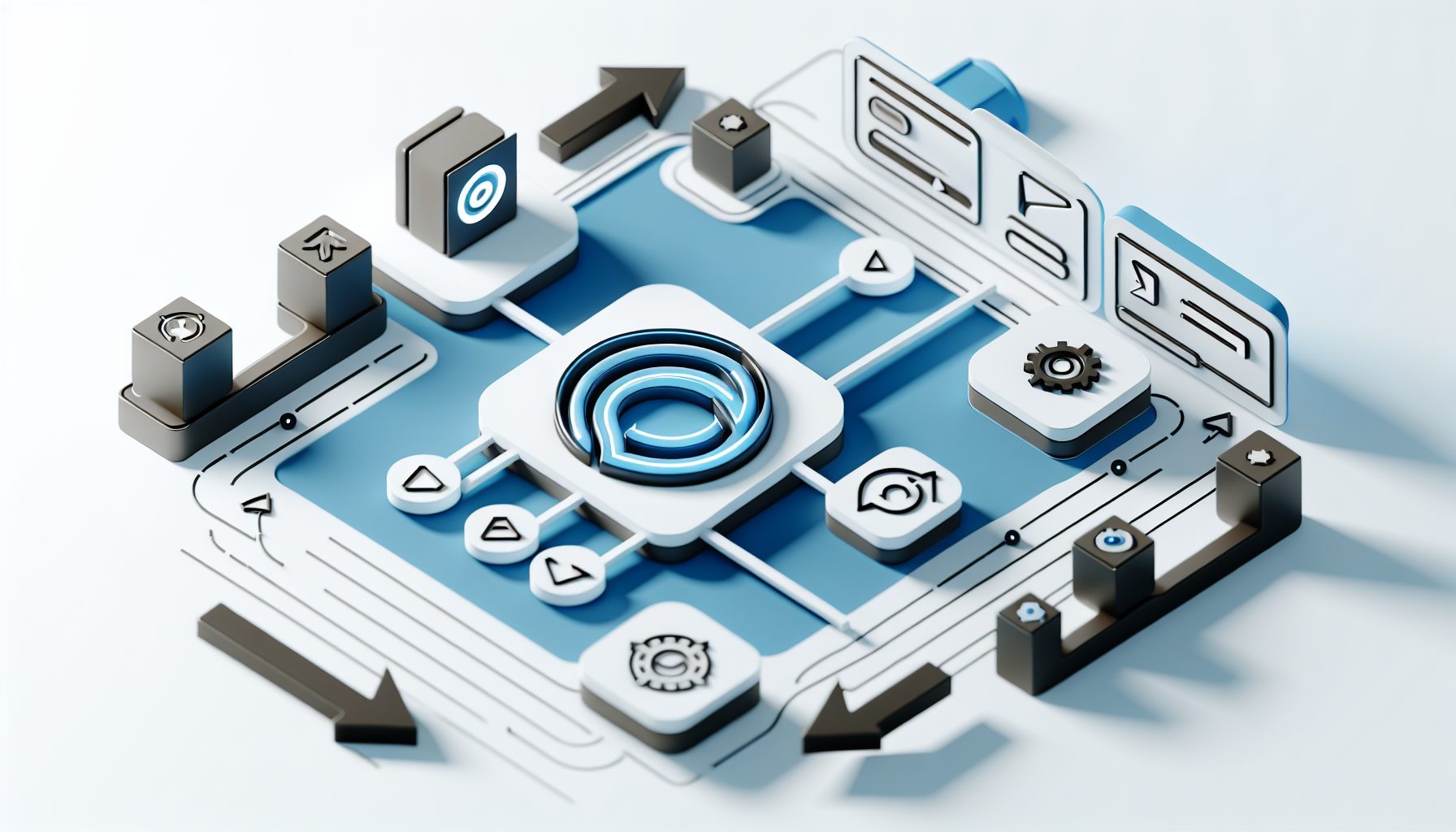 Minimalist illustration of an API gateway in a microservices architecture with service icons and flow arrows.
