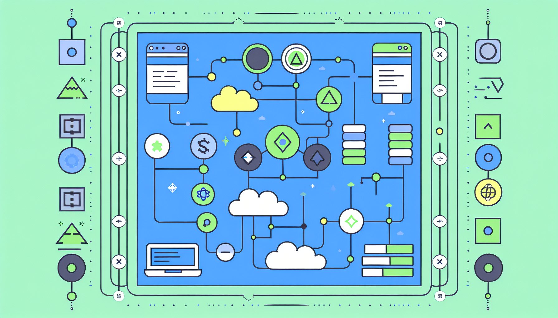 Minimalist vector illustration of API-first SaaS architecture with Node.js, Express, and React.