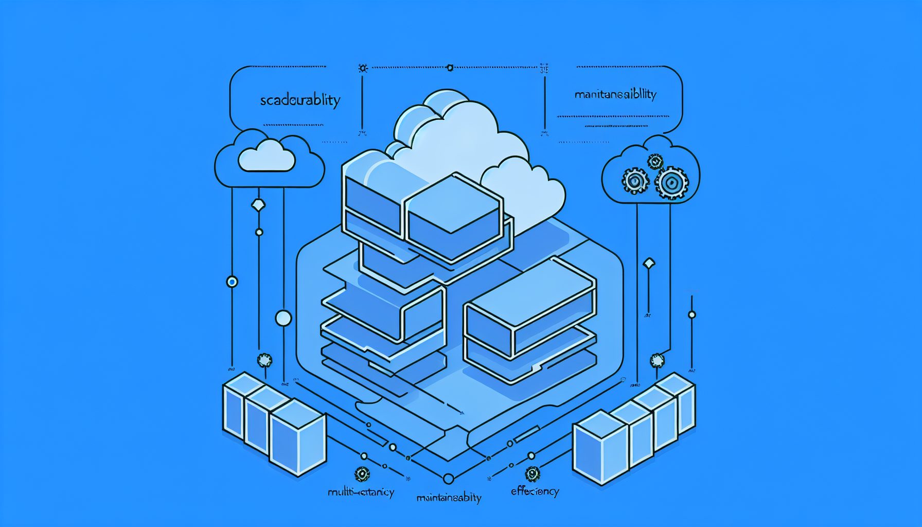 Minimalist vector of modular software architecture with interconnected components and cloud symbols.