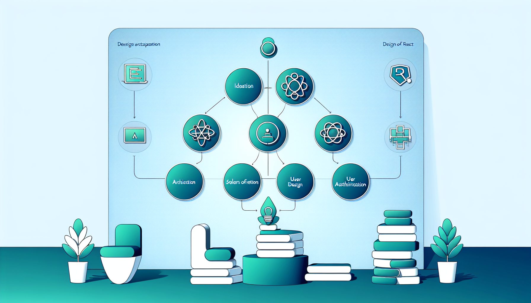 Minimalist vector flowchart illustrating SaaS app development with React and Node.js symbols.