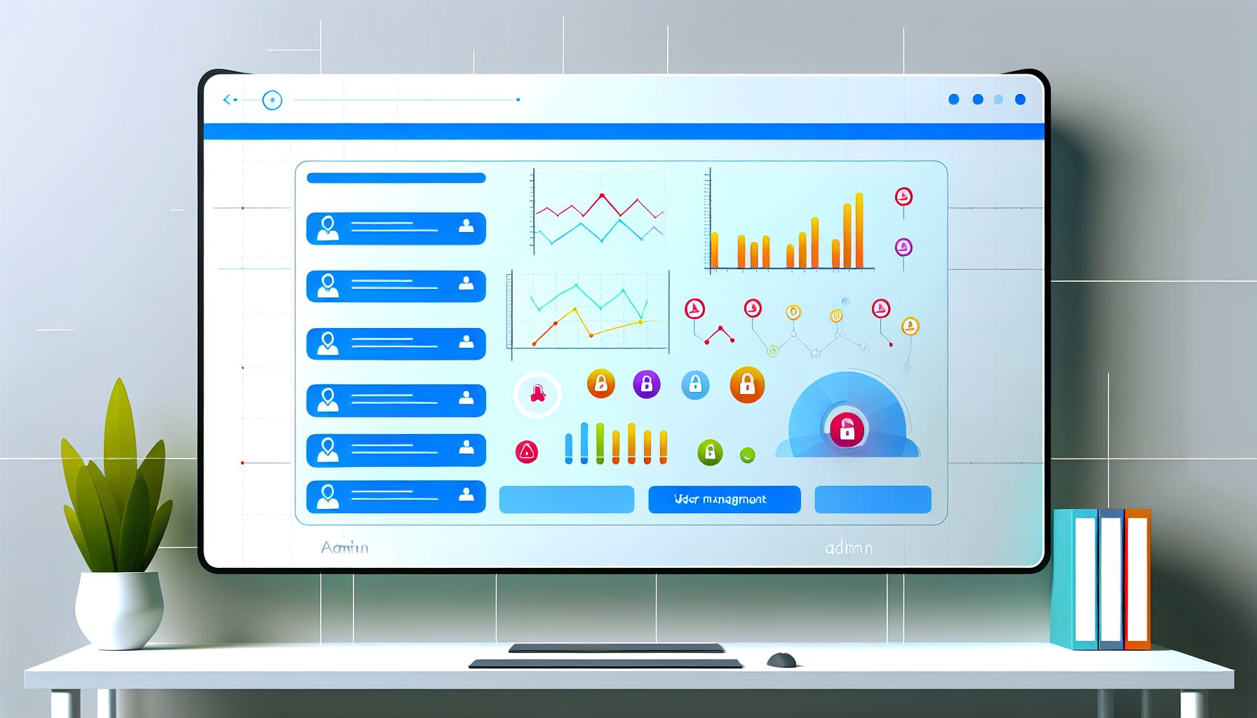 Minimalist vector of a modern SaaS admin dashboard with data visualizations and user management tools.