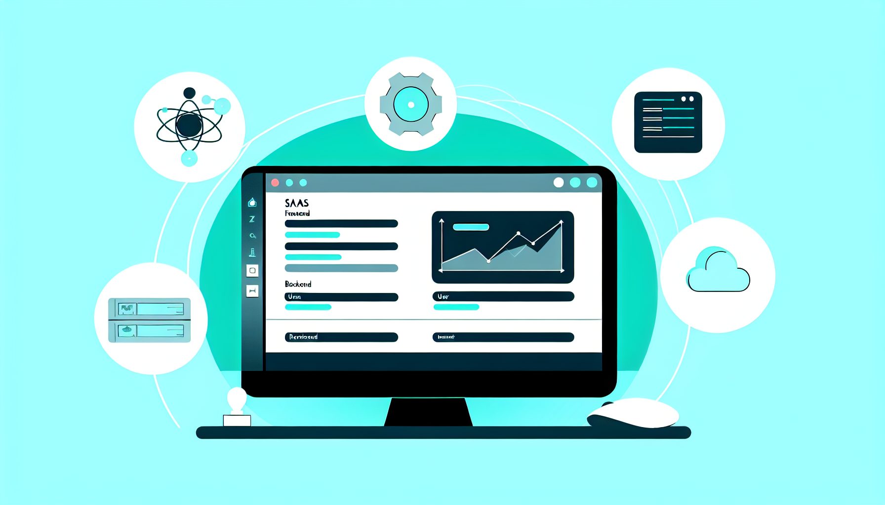 Minimalist vector illustration of a SaaS admin dashboard on a computer screen with tech symbols.