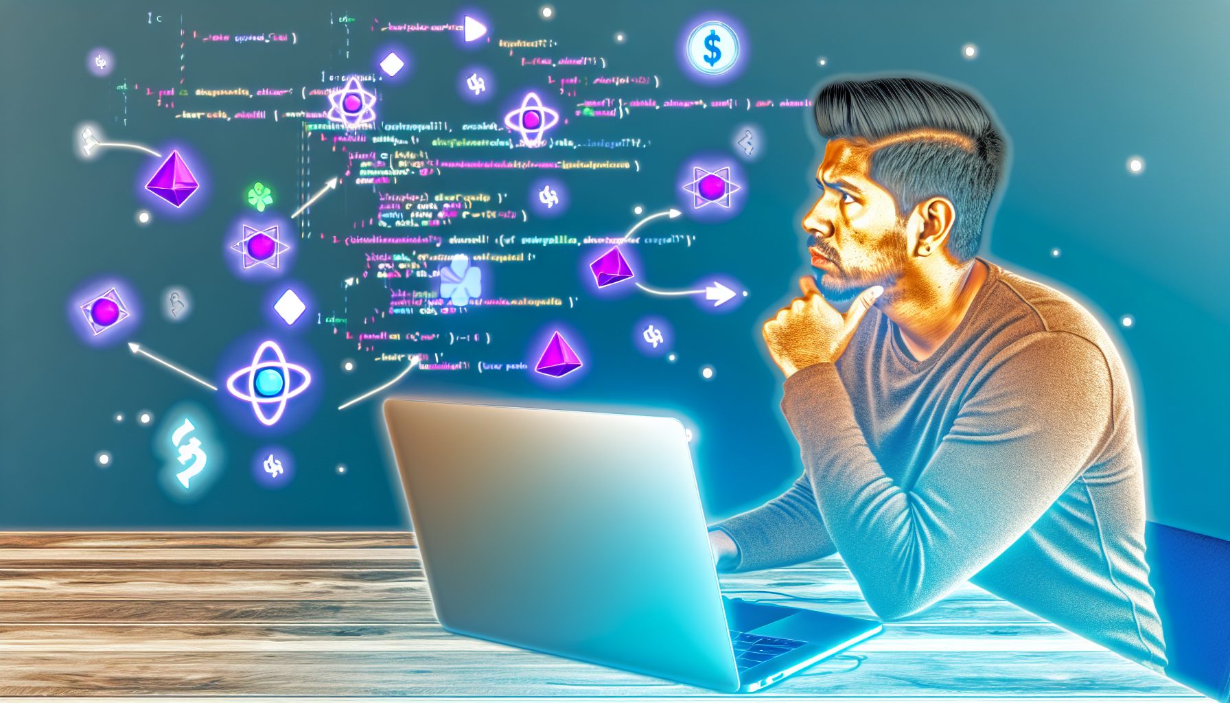 Developer focused on a laptop, surrounded by React and Node.js coding snippets and UI elements.