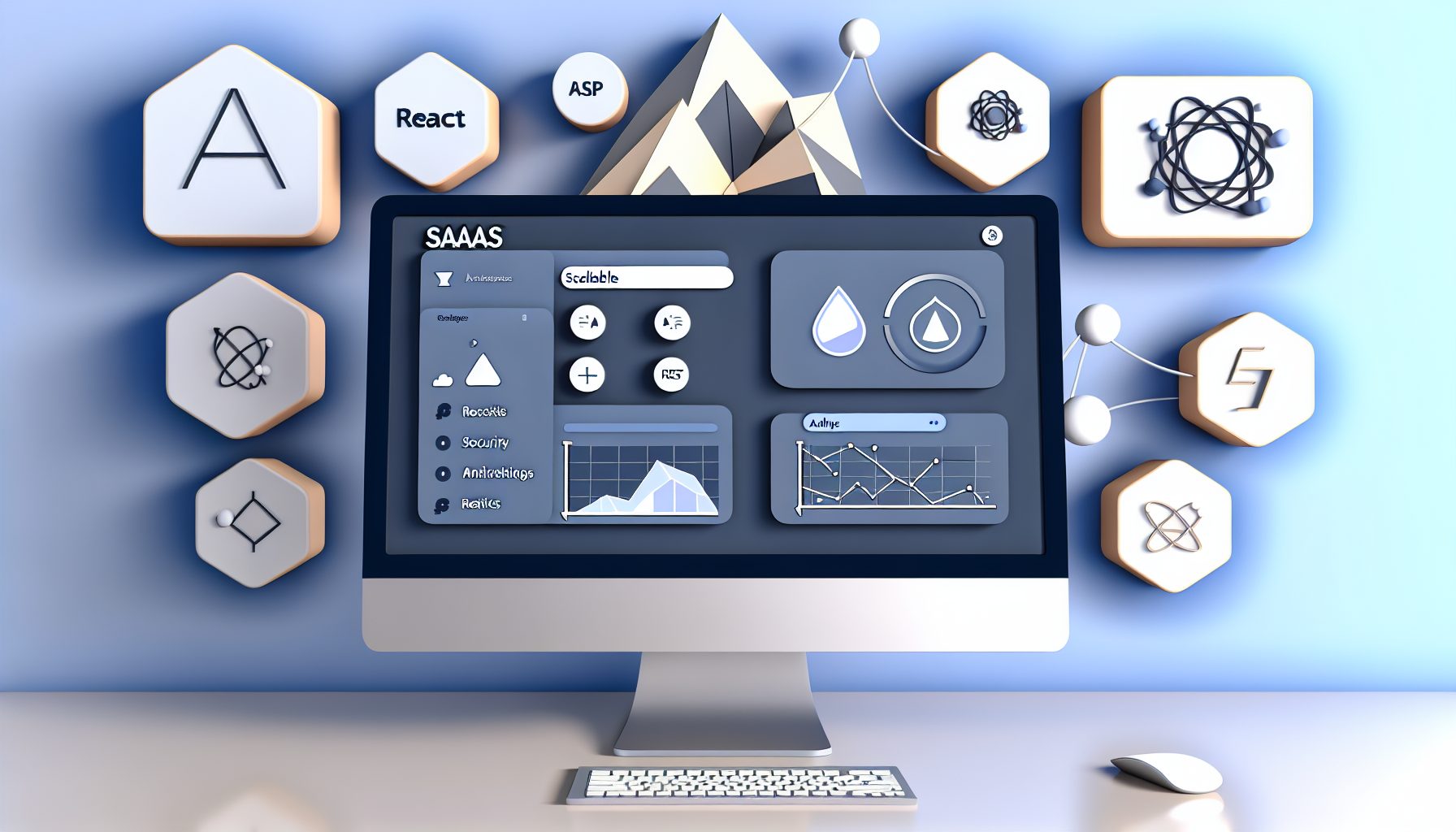 Minimalist SaaS admin dashboard on a computer, with tech stack icons and geometric shapes.
